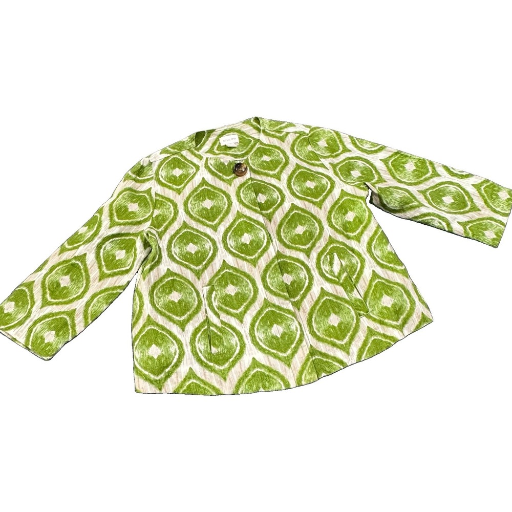 Chicos Green Ikat Printed 100% Linen Blazer Jacket One Button Indie Boho Sz 1
